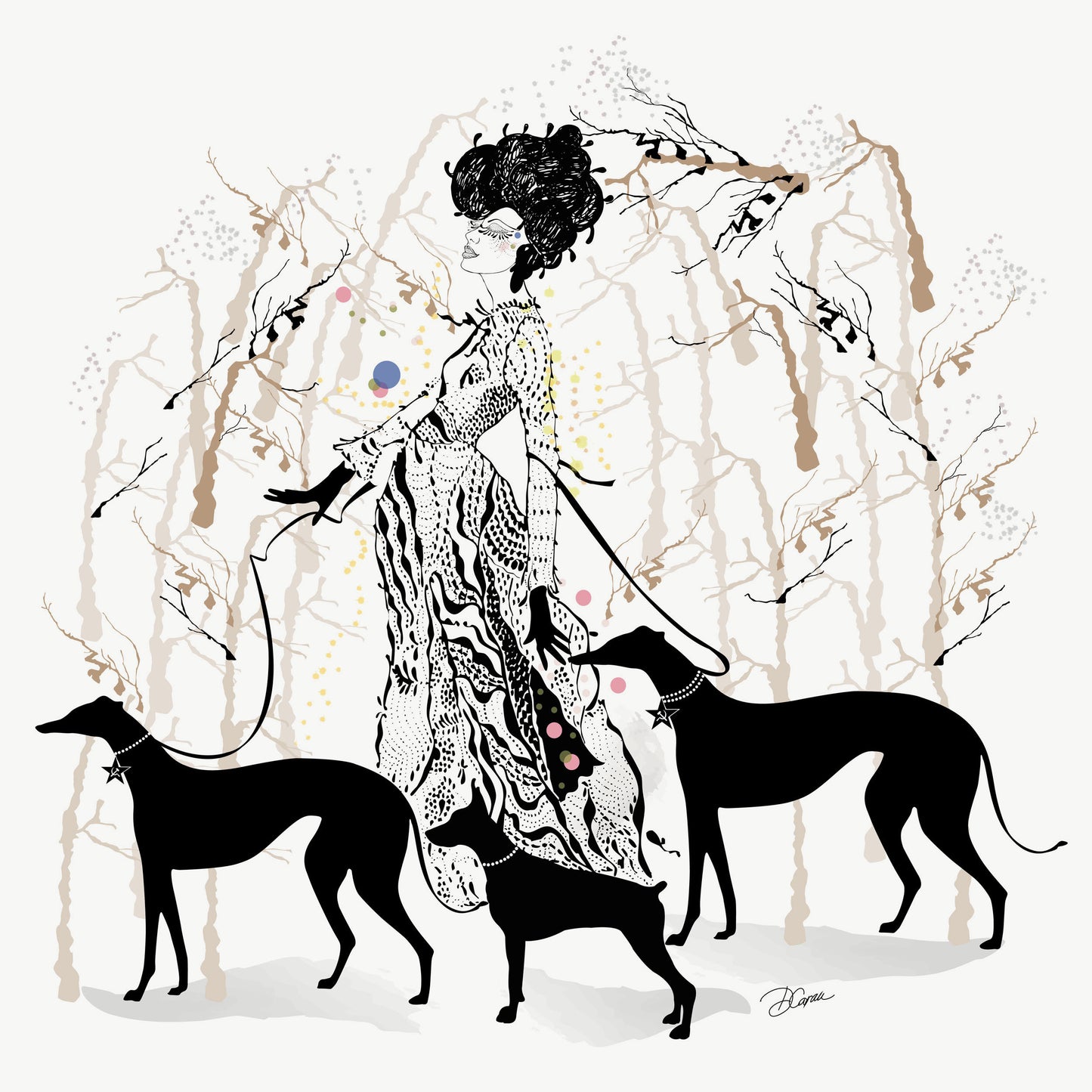 Allegra and her dogs - Ink Drawing